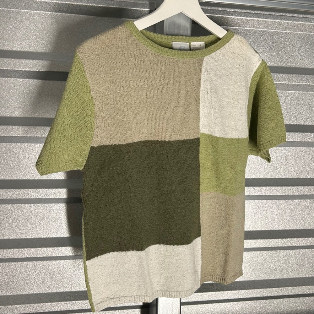 Bobbie Brooks Knit Sweater Womens M Green Colorblock Patchwork Cottagecore Retro